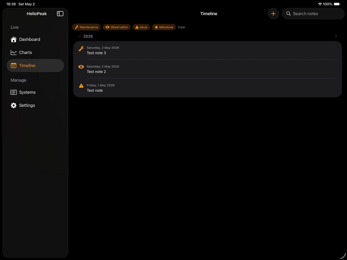 HelioPeak Timeline of notes on iPad with category filters