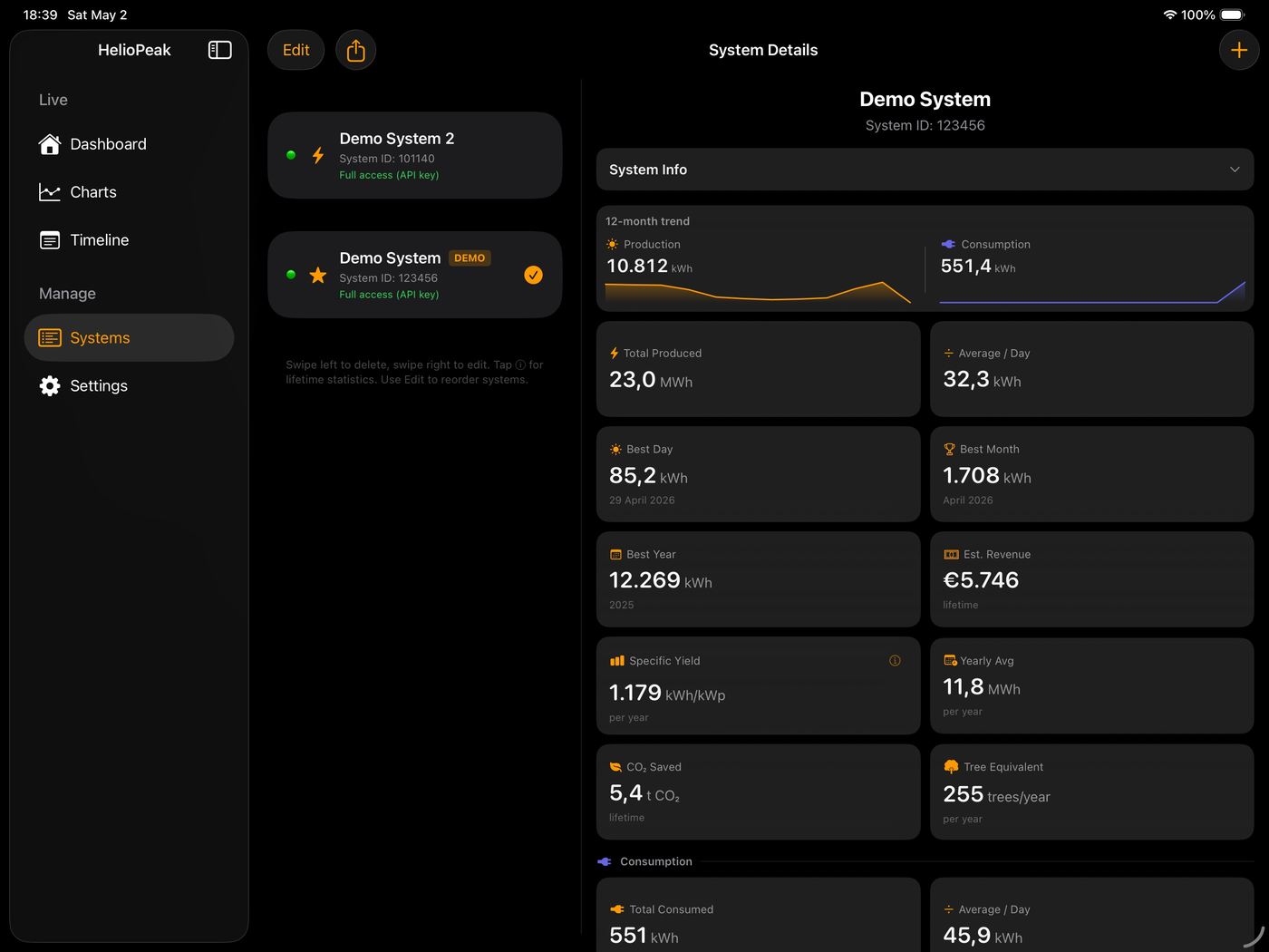 HelioPeak Systems on iPad showing multiple installations with health status