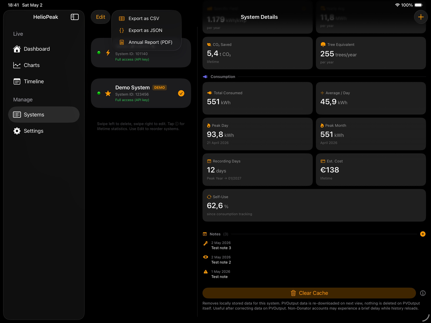 HelioPeak export menu on iPad with CSV, JSON, and Annual Report PDF options