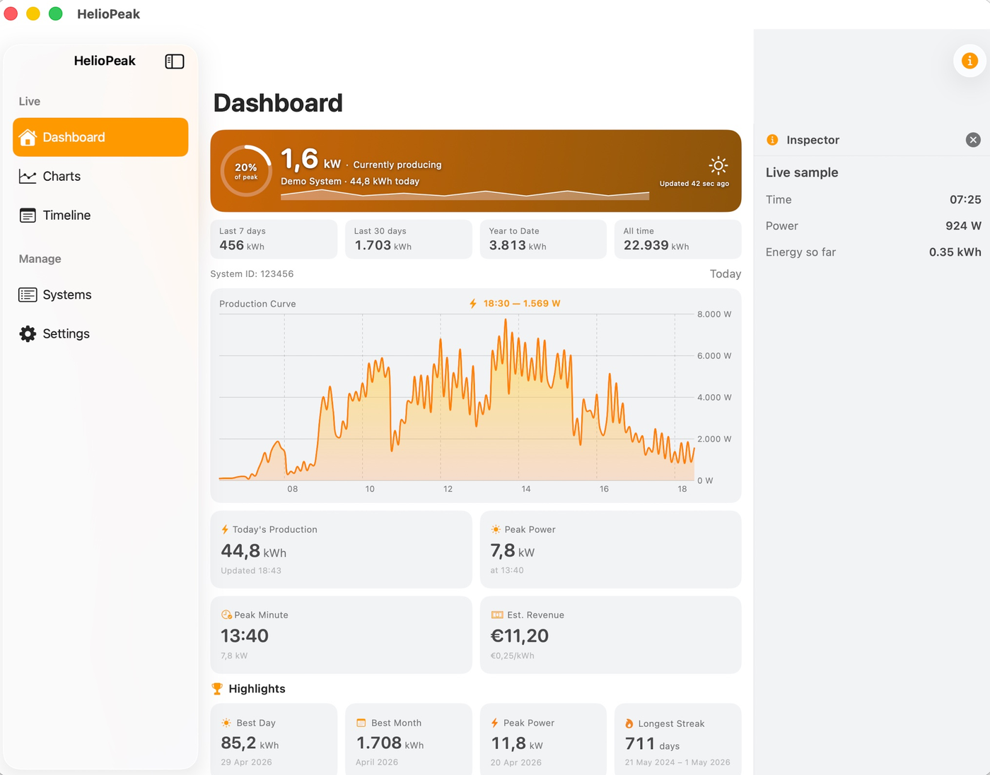 HelioPeak Dashboard on Mac in light mode with the Inspector panel