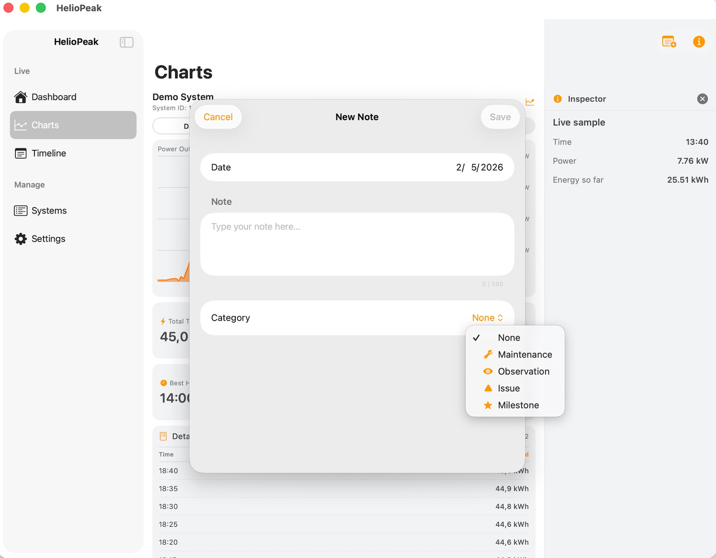 HelioPeak New Note dialog on Mac with the category selector open