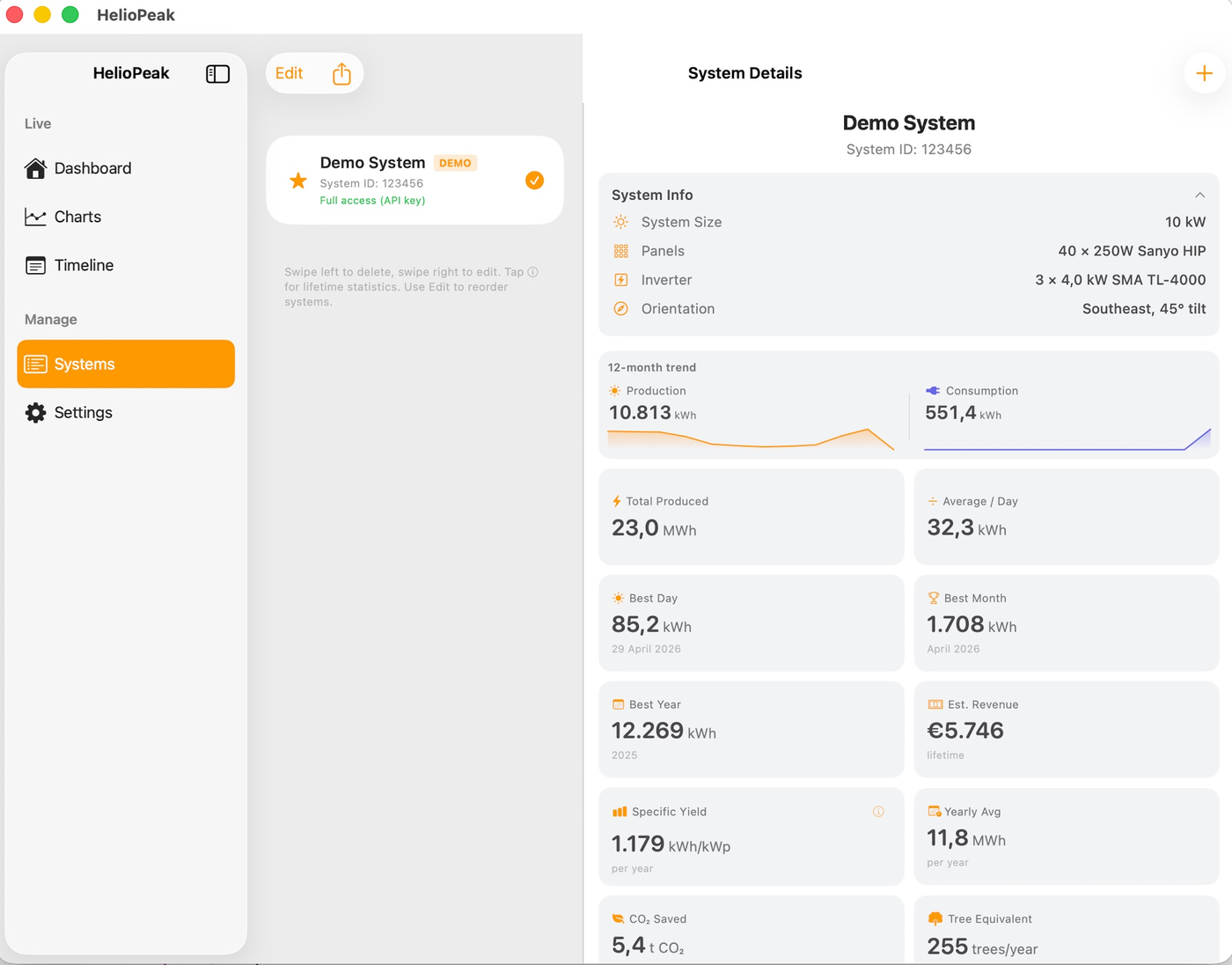 HelioPeak System Details on Mac showing lifetime metrics and consumption summary