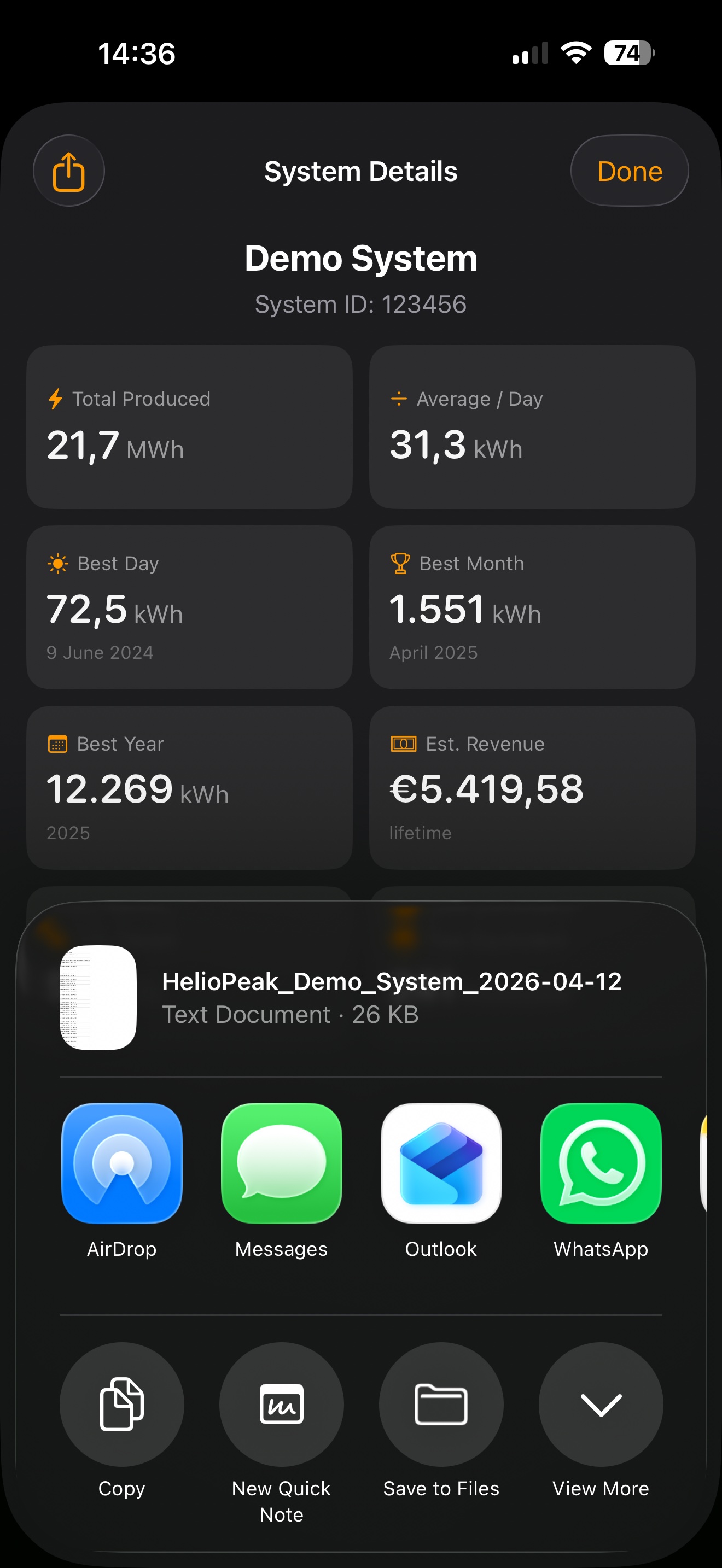 HelioPeak CSV Export — share your production data