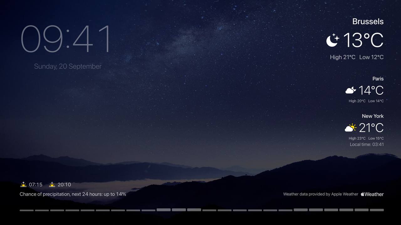 The ambient photo dashboard: clock, current conditions and the rain outlook over full-screen photography