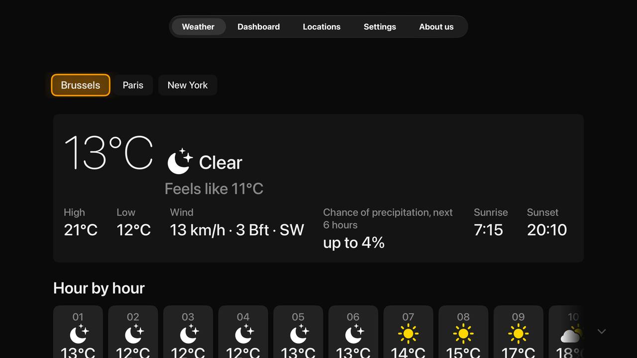 The Weather tab showing Brussels at 15 degrees, the hourly strip and sunrise and sunset times