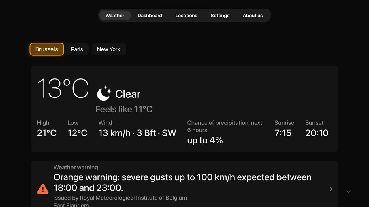 Two official weather warnings shown in the issuing agency's own words above the forecast