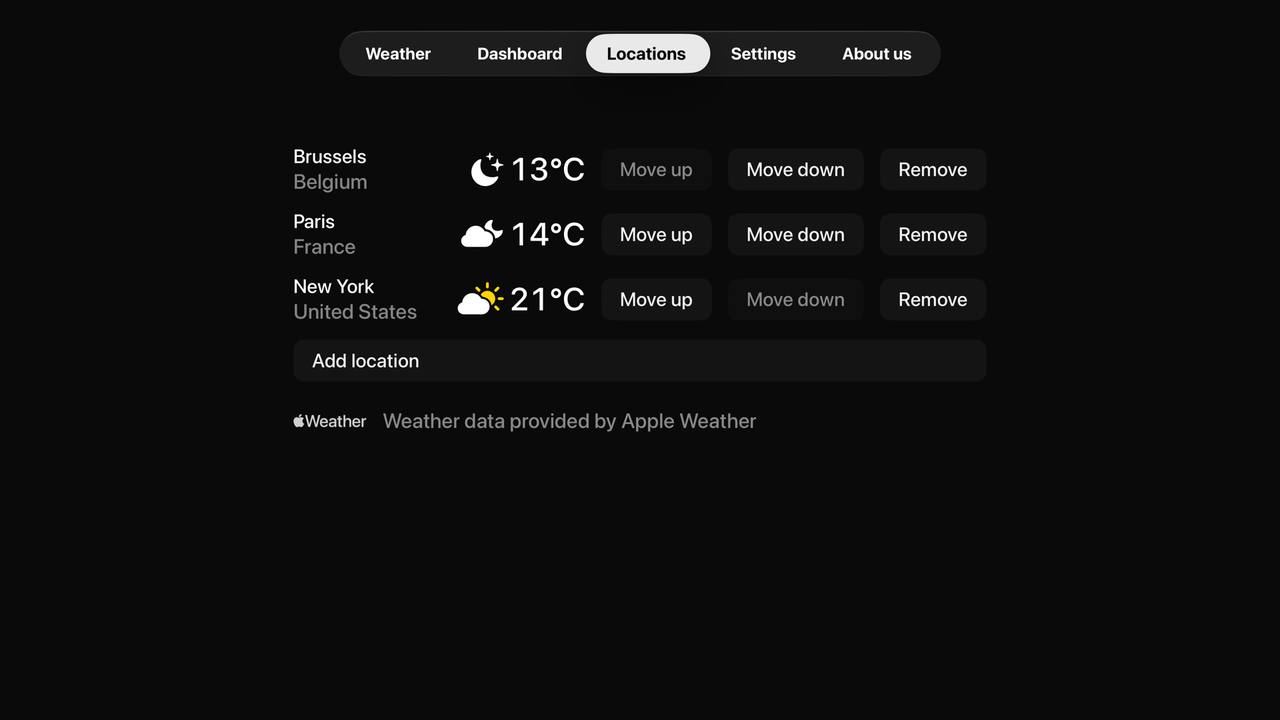 Brussels, Paris and New York side by side, each with its current temperature and its own local conditions